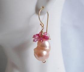  Rare AAA FLAMEBALL Baroque cultured Pink fresh water pearl and shaded Ruby Earrings