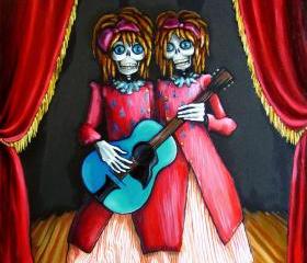 Pop Surrealist, Day of the Dead, Steampunk art print - Twins Guitar Carnival Art print