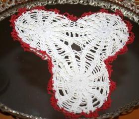 Vintage Crocheted - Tatted Red and White Doily . 10' x 8'