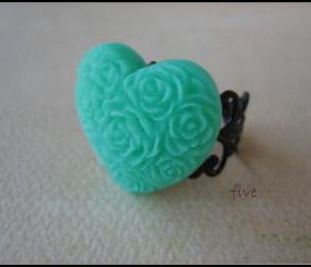 Green Heart on Black Filigree Ring - Adjustable - Jewelry by FIVE