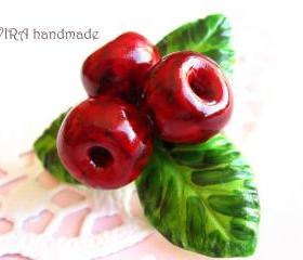 Cute realistic cherries with leafs brooch