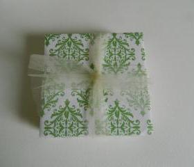 Green and White Damask Print Tile Coasters