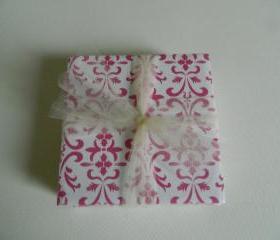 Pink and White Damask Print Tile Coasters