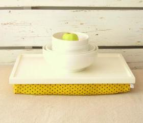  Wooden Laptop Lap Desk or Breakfast serving Tray - Ecru white with Yellow, Black polka dot fabric