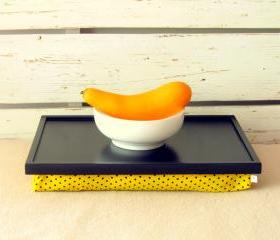  Wooden Laptop Lap Desk or Breakfast serving Tray - Black with Yellow, Black polka dot fabric