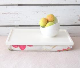  Wood Breakfast serving or Laptop Lap Desk- Off white with Creme, Coral and Green flower printed Linnen Pillow