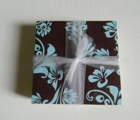 Brown and Aqua Flourish Coasters