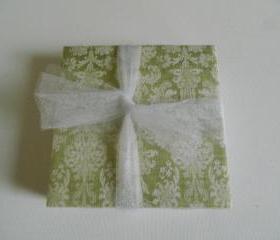 Green and Beige Damask Tile Print Coasters