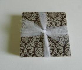Brown and Beige Damask Print Tile Coasters