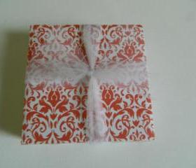 Orange and White Damask Print Tile Coasters