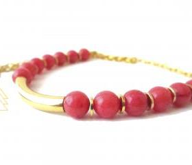 Minimal Chic Coral Gemstone Bar Necklace, Gold Bar and Gold Plated Disc Necklace, Gold Plated Handmade Beaded Necklace, Bridesmaid Jewelry