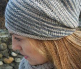 Knit hat - Slouchy knit hat - Slouchy beanie- Knitted Beanie hat - Slouch hat - Stripped knit hat - Beige- Tan -Ecru -Grey -Gray