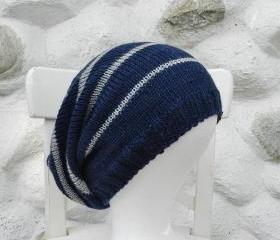 Knit hat - Slouchy knit hat - Slouchy beanie- Knitted Beanie hat - Slouch hat - Stripped knit hat - Beige- Dark blue -Grey