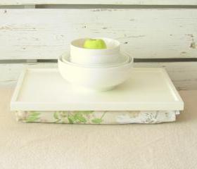 Wood Breakfast serving or Laptop Lap Desk- Off white with White and Green Vintage flower printed Linen Pillow