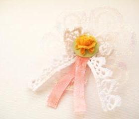 Ribbon rosette brooch with peony cameo - Olivia (orange)