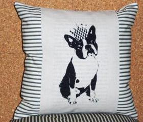 Decorative pillow cushion cover with black and ivory ticking stripe and black frenchie or boston terrier screen print
