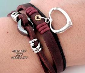 Silver heart charm leather bracelet 
