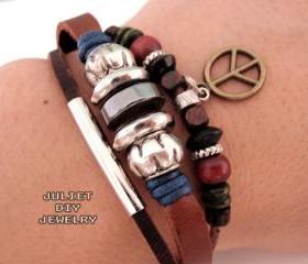 Peace sign leather bracelet, peace sign charm bracelet 
