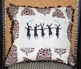 Decorative pillow cushion cover with paisley linen and dancing rabbit screenprint and brown pom pom trim