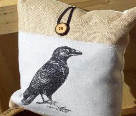 Decorative burlap pillow cushion cover with black crow and raven screen print