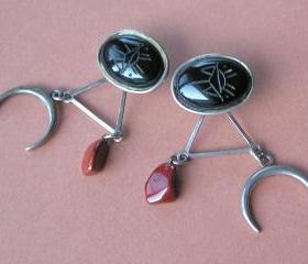 Vintage Kate Hines Black Glass Scarab Crescent and Jasper Dangle Earrings