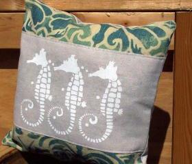 Decorative throw pillow cushion cover with screen print white sea horses beach shabby chic theme