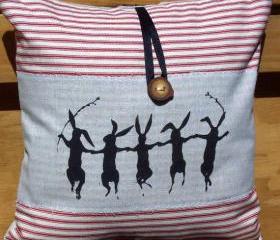 Decorative throw pillow cushion cover with screen print dancing rabbits and americana shabby chic theme