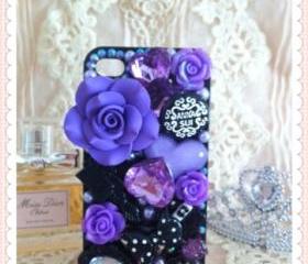 Free shipping - Big rose, rhinestones, mirror Iphone case for 4/4S (back only) - black / purple 