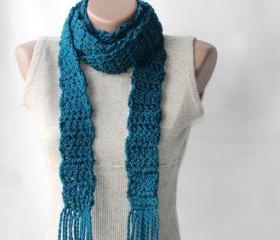 Teal crochet scarf Wool blend long scarf Deep teal Winter accesories