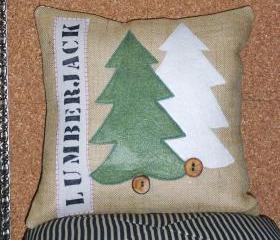 Decorative Throw Pillow Cover with Lumberjack and Evergreen Art Tree Applique in Felt Green Woodsy Folk Art Wood and Red Accents