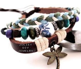 Dragonfly charm bracelet from genuine leather and hemp cord woven
