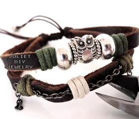 Owl charm silver bead leather bracelet, owl charm bracelet primitive fashion