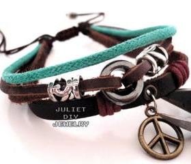 Peace sign rugged leather bracelet, peace sign addict bracelet 
