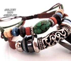 Turquoise bead leather handmade bracelet with antique silver tube 