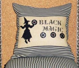 Decorative throw pillow cushion cover with black magic witch applique gothic and halloween inspired