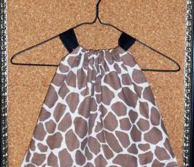 Girl's Dress / Tunic in African Animal Giraffe Cotton and beige and ivory Ticking Back / 1T or 12 months