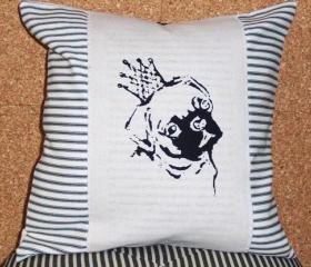 Decorative throw pillow cushion cover with black pug in a crown screen print in black