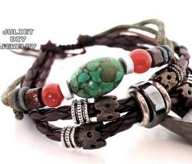 Turquoise bead leather handmade bracelet with beautiful silver bead 