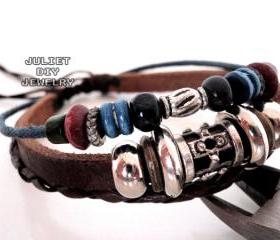 Handmade leather bracelet with very cool silver and wooden beads 