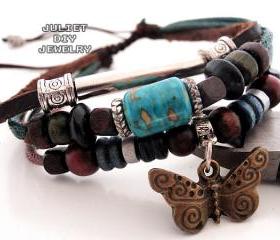 Turquoise center bead leather bracelet with brass butterfly charm 
