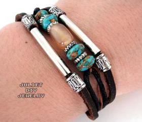 Beautiful agate and turquoise bead leather bracelet 