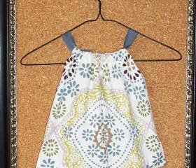 Girl's dress or tunic in ivory cotton with sage green, gold, taupe, citron, teal mosaic print in 12 month / 1T