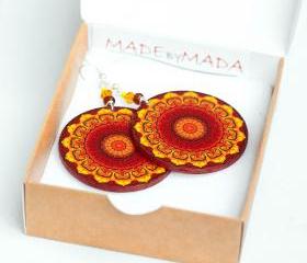 Fall Fashion Rosette Mandala - Yellow Brown Orange - decoupage earrings - double faced 