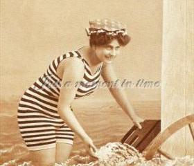 1008 Digital download 300 dpi Edwardian bathing beauty in stripy swimsuit