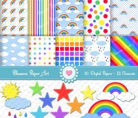 Rainbow Digital Scrapbooking Paper - Printables - 10 Sheets - 11 Clipart - Parties - Scrapbook - Invitations - 300dpi. - 1355