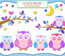 Owls Clipart - Printables - Pink Light Blue Violet - Branches - Moon - Stars - 12 Clipart - 300dpi - 1358