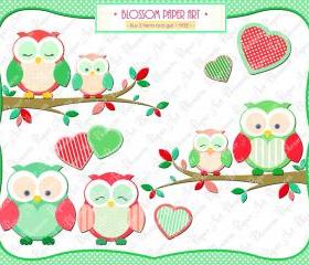 Cute Owls - Hearts - Branch - Red - Green - Printables - DIY Proyects - 300 dpi - 1358