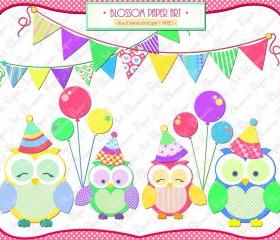 Cute Owls Party Clipart Clip Art - Birthday - Printables - Personal and Commercial Use - 1359