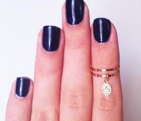 2 Above the Knuckle Rings - gold plated thin rings - with an embellished leaf set of 2 gentle midi rings