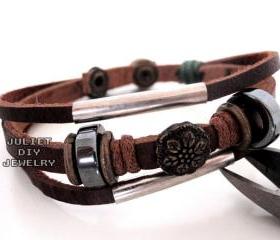 Flower brass bead leather warrior bracelet 